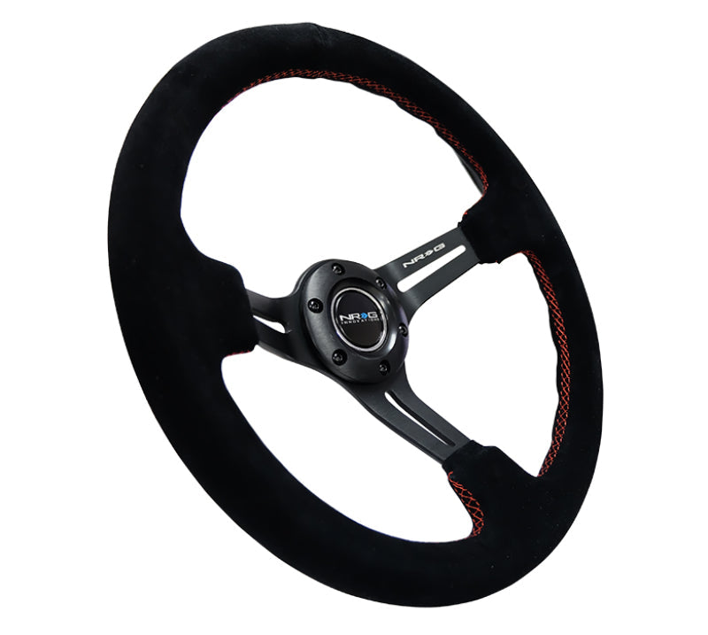 NRG Reinforced Steering Wheel (350mm / 3in. Deep) Blk Suede w/Red Stitching & 5mm Spokes w/Slits - My Store