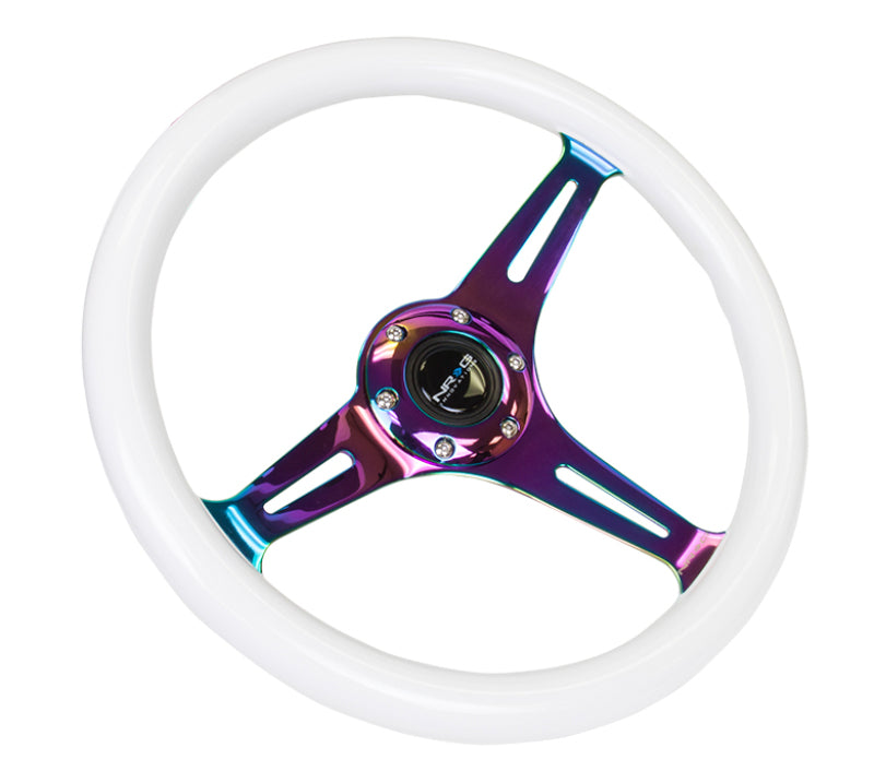 NRG Classic Wood Grain Steering Wheel (350mm) Glow-N-The-Dark Green Grip w/Neochrome 3-Spoke Center - My Store