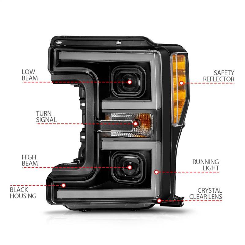 ANZO 17-19 Ford F-250/350/450 SD (w/o Factory LED) LED Proj Headlights w/Light Bar Switchback Blk - Mammoth Racing -