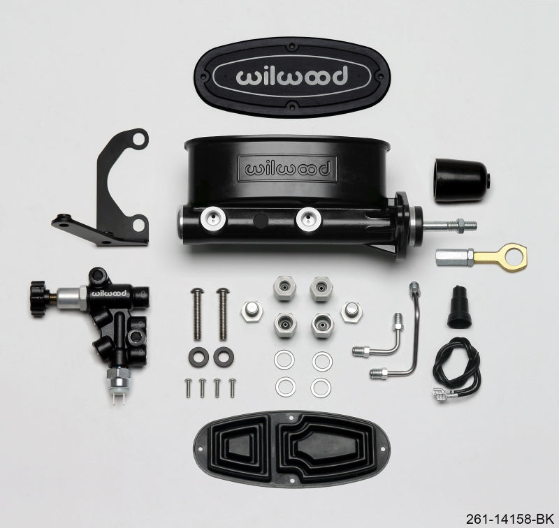 Wilwood HV Tandem M/C Kit w L/H Bracket & Prop Valve - 15/16in Bore Black-W/Push. - Early Mustang - My Store