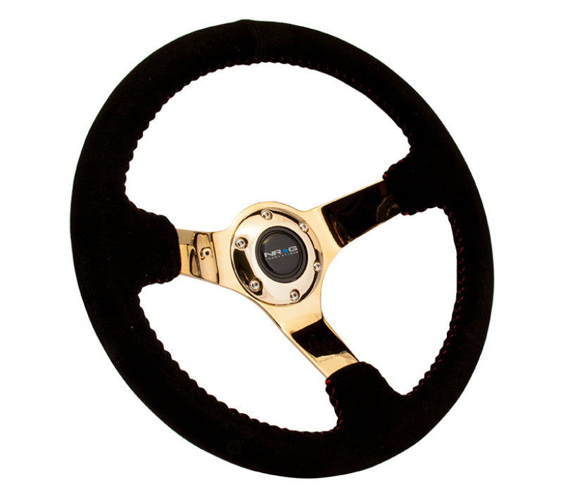 NRG Reinforced Steering Wheel (350mm / 3in. Deep) Blk Suede w/Red BBall Stitch & Chrome Gold 3-Spoke - My Store