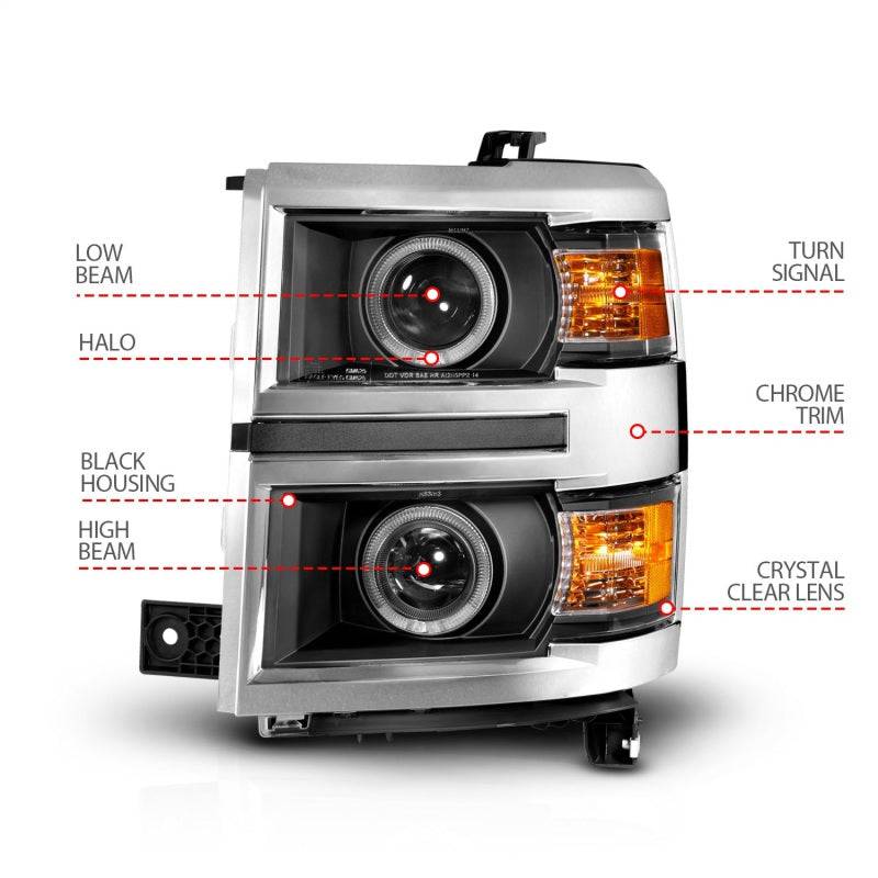 ANZO 14-15 Chevrolet Silverado 1500 Projector Headlights w/ Halo Black Housing w/ Chrome Trim - Mammoth Racing -