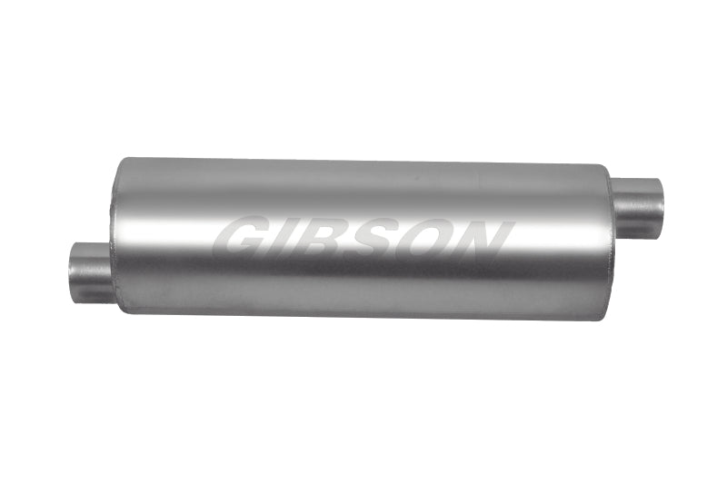 Gibson SFT Superflow Offset/Offset Round Muffler - 6x19in/2.5in Inlet/2.5in Outlet - Stainless - Mammoth Racing -