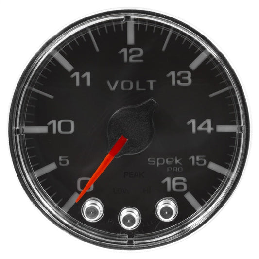 Autometer Spek-Pro Gauge Voltmeter 2 1/16in 16V Stepper Motor W/Peak & Warn Blk/Chrm - My Store