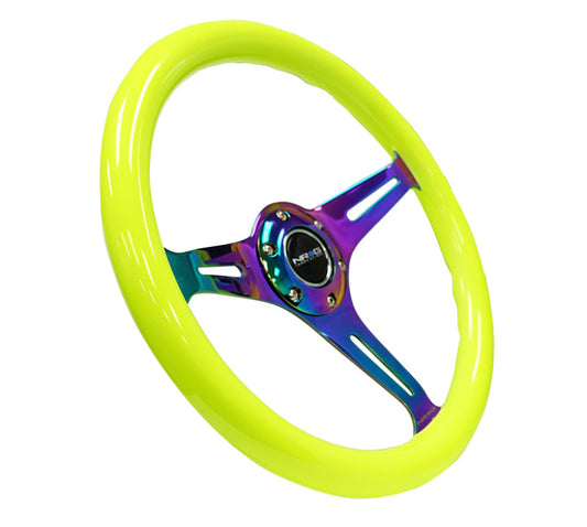 NRG Classic Wood Grain Steering Wheel (350mm) Neon Yellow Color w/Neochrome Spokes - My Store