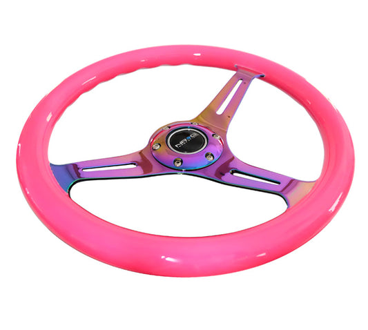NRG Classic Wood Grain Steering Wheel (350mm) Neon Pink Painted Grip w/Neochrome 3-Spoke Center - My Store