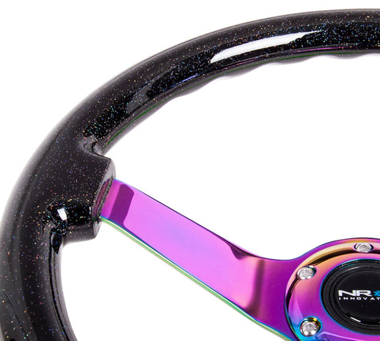 NRG Reinforced Steering Wheel (350mm / 3in. Deep) Classic Blk Sparkle w/4mm Neochrome 3-Spoke Center - My Store
