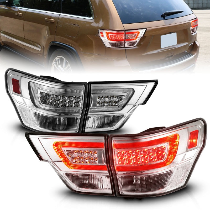 ANZO 11-13 Jeep Grand Cherokee LED Taillights w/ Lightbar Chrome Housing/Clear Lens 4pcs - Mammoth Racing -
