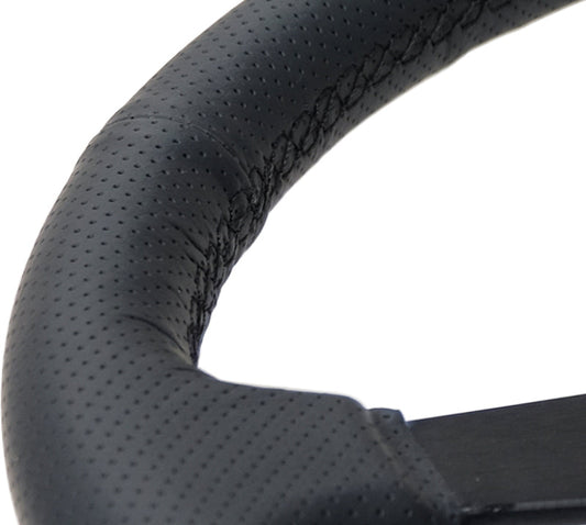 NRG Sport Steering Wheel (350mm / 1.5in Deep) Black Leather Black Stitch w/Matte Black Solid Spokes - My Store