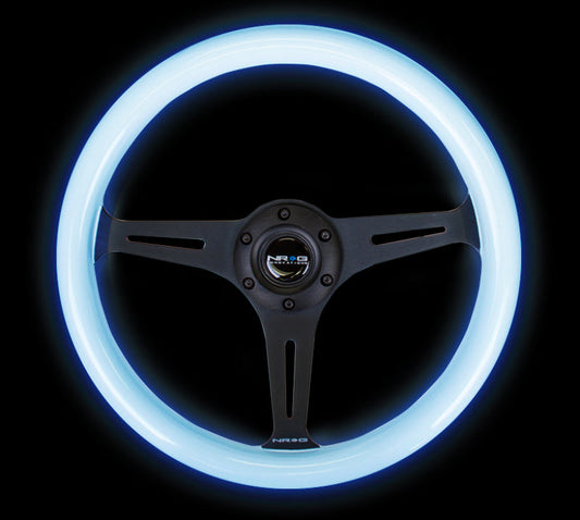 NRG Classic Wood Grain Steering Wheel (350mm) Glow-In-The-Dark Blue Grip w/Black 3-Spoke Center - My Store