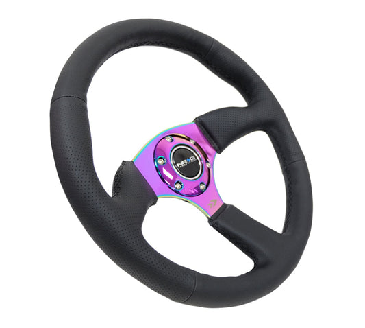 NRG Reinforced Steering Wheel (350mm / 2.5in. Deep) Leather Race Comfort Grip w/4mm Neochrome Spokes - My Store