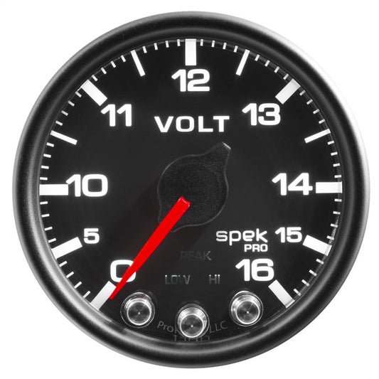Autometer Spek-Pro Gauge Voltmeter 2 1/16in 16V Stepper Motor W/Peak & Warn Blk/Blk - My Store