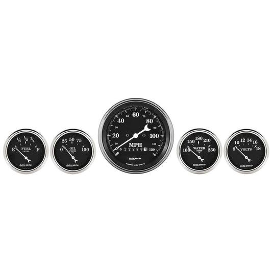 Auto Meter Gauge Kit 5 pc. 3 3/8in & 2 1/16in Elec. Speedometer Old Tyme Black - My Store