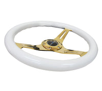 NRG Classic Wood Grain Steering Wheel (350mm) White Grip w/Chrome Gold 3-Spoke Center - My Store