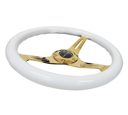 NRG Classic Wood Grain Steering Wheel (350mm) White Grip w/Chrome Gold 3-Spoke Center - My Store