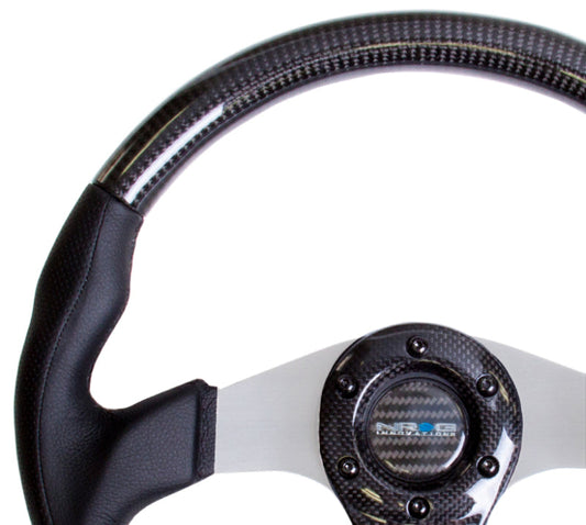 NRG Carbon Fiber Steering Wheel (350mm) Silver Oval Shape w/Leather Trim - My Store