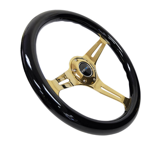 NRG Classic Wood Grain Steering Wheel (350mm) Black Grip w/Chrome Gold 3-Spoke Center - My Store