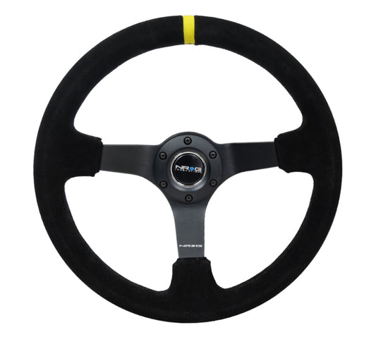 NRG Reinforced Steering Wheel (350mm / 3in. Deep) Blk Suede/X-Stitch w/5mm Blk Spoke & Yellow CM - My Store