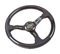 NRG Carbon Fiber Steering Wheel (350mm /1.5in. Deep) Leather Trim w/Red Stitch & Slit Cutout Spokes - My Store