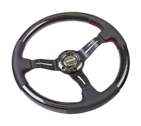 NRG Carbon Fiber Steering Wheel (350mm /1.5in. Deep) Leather Trim w/Red Stitch & Slit Cutout Spokes - My Store