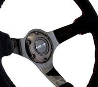 NRG Reinforced Steering Wheel (350mm / 3in. Deep) Blk Suede w/Red BBall Stitch & Black 3-Spoke - My Store