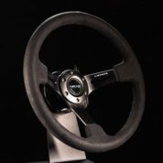NRG Reinforced Steering Wheel (350mm / 3in. Deep) Black Leather w/ Alcantara Stitching - My Store