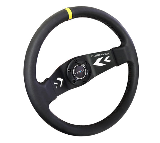 NRG Reinforced Steering Wheel (350mm / 3in Deep) Blk Leather w/NRG Arrow-Cut 2-Spoke & Sgl Yellow CM - My Store