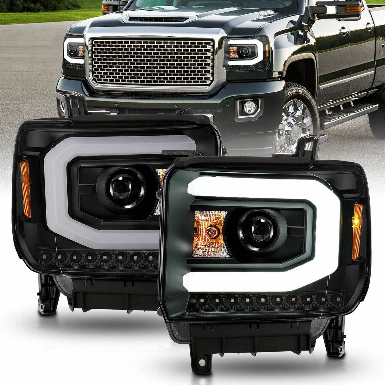 ANZO 2014-2015 GMC Sierra 1500 Projector Headlights w/ Light Bar Black Housing (Halogen Type) - My Store