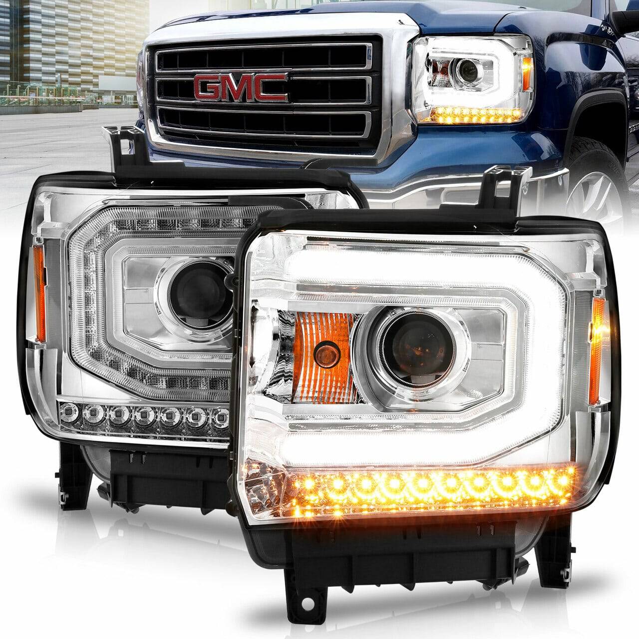 ANZO 2014-2015 Gmc Sierra 1500 Projector Headlights w/ Light Bar Chrome Housing (Halogen Type) - My Store