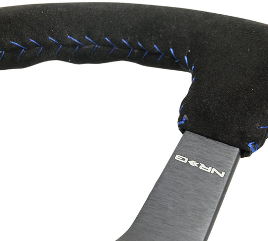 NRG Reinforced Steering Wheel (350mm / 3in. Deep) Blk Suede/Blue BBall Stitch w/5mm Matte Blk Spokes - My Store