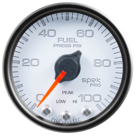 Autometer Spek-Pro Gauge Fuel Press 2 1/16in 100psi Stepper Motor W/Peak & Warn Wht/Blk - My Store