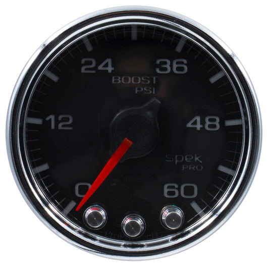 Autometer Spek-Pro Gauge Boost 2 1/16in 60psi Stepper Motor W/Peak & Warn Blk/Chrm - My Store