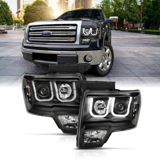 ANZO 2009-2014 Ford F-150 Projector Headlights w/ U-Bar Switchback Black w/ Amber - My Store