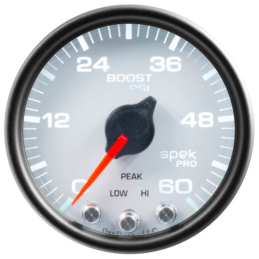 Autometer Spek-Pro Gauge Boost 2 1/16in 60psi Stepper Motor W/Peak & Warn Wht/Blk - My Store