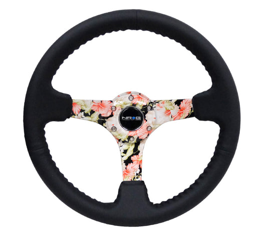 NRG Reinforced Steering Wheel (350mm / 3in. Deep) Blk Leather Floral Dipped w/ Blk Baseball Stitch - My Store
