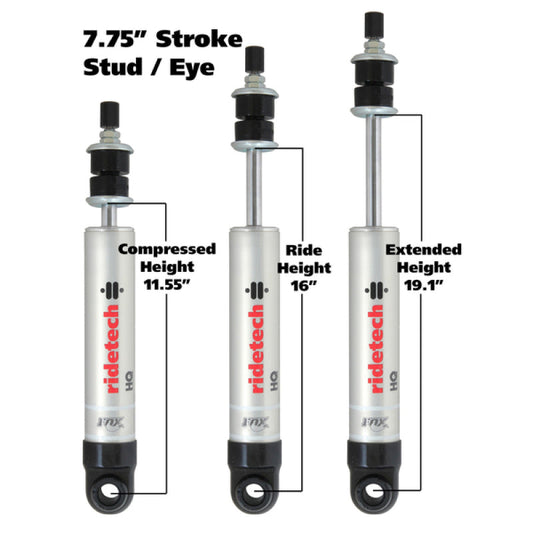 Ridetech HQ Series Shock Absorber Single Adjustable 7.55in Stroke Eye/Stud Mounting 11.55in x 19.1in - Mammoth Racing -