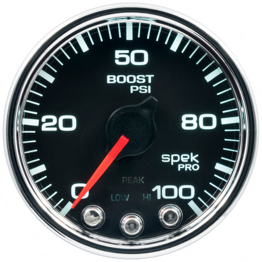 Autometer Spek-Pro Gauge Boost 2 1/16in 100psi Stepper Motor W/Peak & Warn Blk/Chrm - My Store