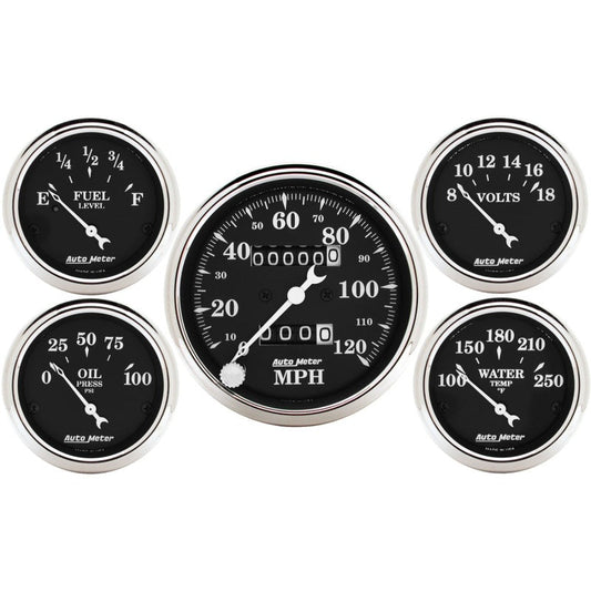 Auto Meter Gauge Kit 5 pc. 3 1/8in & 2 1/16in Mechanical Speedometer Old Tyme Black - My Store