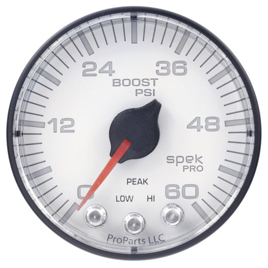 Autometer Spek-Pro Gauge Boost 2 1/16in 60psi Stepper Motor W/Peak & Warn Wht/Blk - My Store