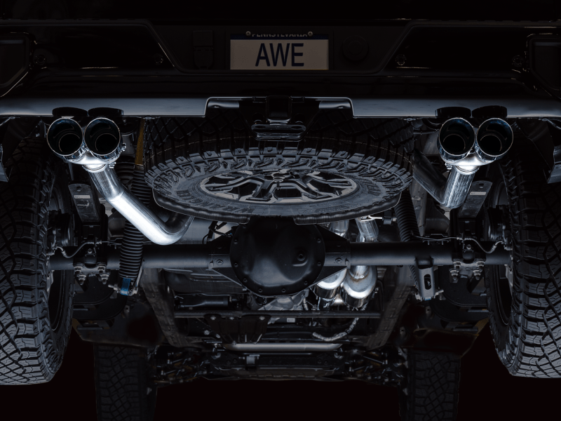 AWE Tuning 22-23 GMC Sierra 1500 AT4X 6.2L 0FG Catback Split Dual (Flat Bumper) - Chrome Silver Tips - My Store