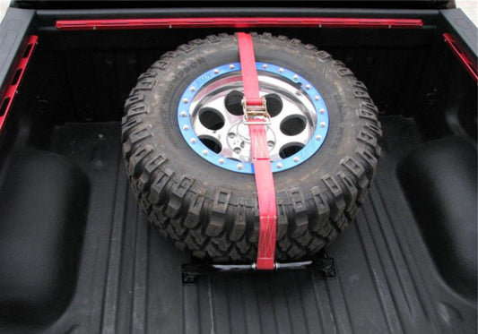 N-Fab Bed Mounted Tire Carrier Universal - Gloss Black - Red Strap - Mammoth Racing -