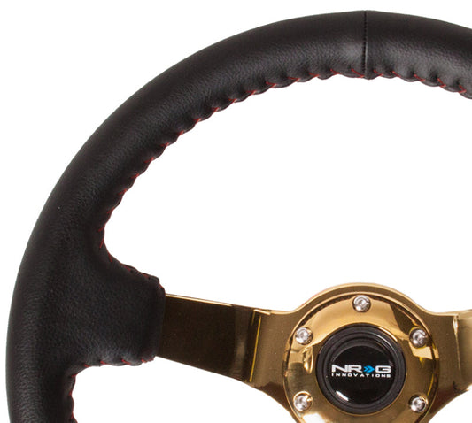 NRG Reinforced Steering Wheel (350mm / 3in. Deep) Blk Leather/Red BBall Stitch w/4mm Gold Spokes - My Store