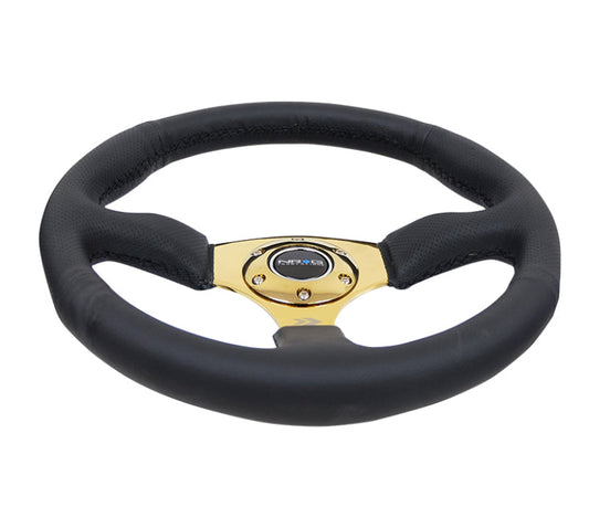 NRG Reinforced Steering Wheel (350mm / 2.5in. Deep) Leather Race Comfort Grip w/4mm Gold Spokes - My Store