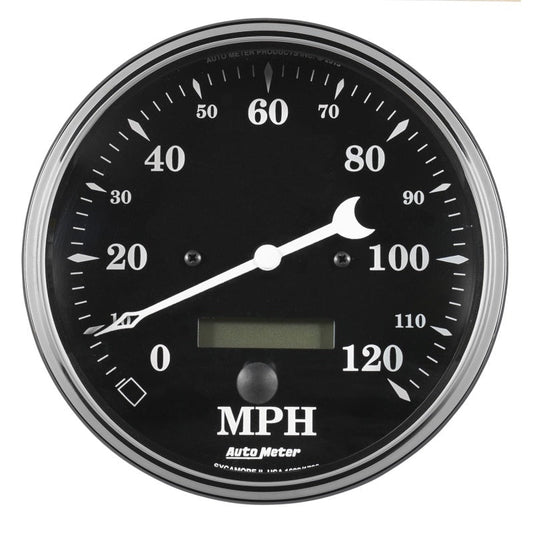 Auto Meter Gauge Speedo. 5in 120mph Elec. Prog. w/ LCD Odo Old Tyme Black - My Store