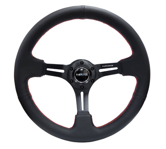 NRG Reinforced Steering Wheel (350mm / 3in. Deep) Black Leather/Red Stitch & Blk 3-Spoke w/Slits - My Store