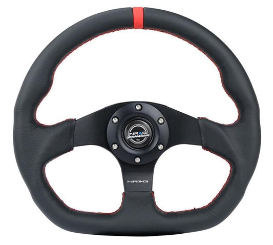 NRG Reinforced Steering Wheel (320mm) Sport Leather Flat Bottom w/ Red Center Mark/ Red Stitching - My Store