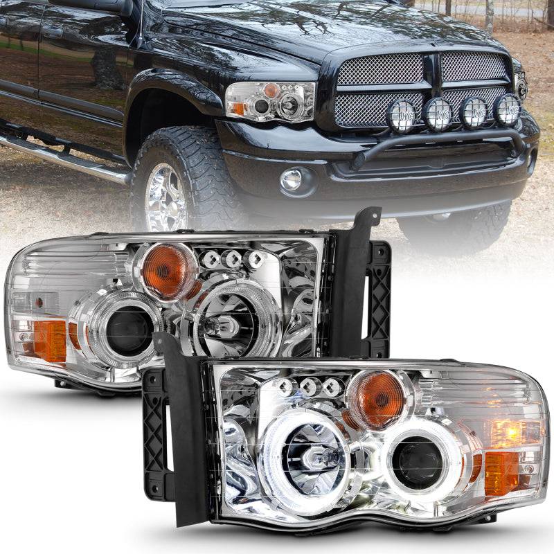 ANZO 2002-2005 Dodge Ram 1500 Projector Headlights w/ Halo Chrome Clear Amber - My Store