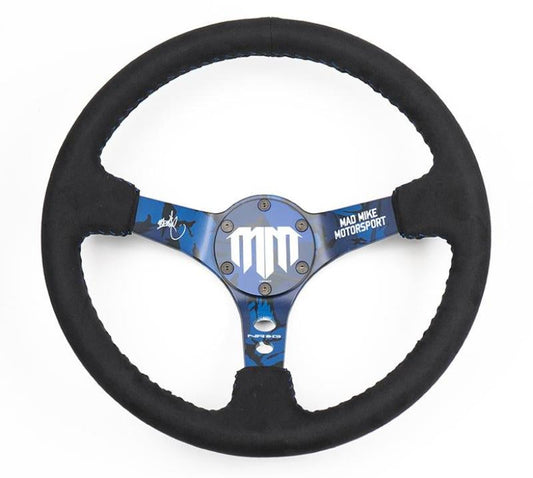 NRG Reinforced Steering Wheel (3in. Deep) Mad Mike/ 5mm Spoke /Alcantara Finish w/ Blue Stitching - My Store