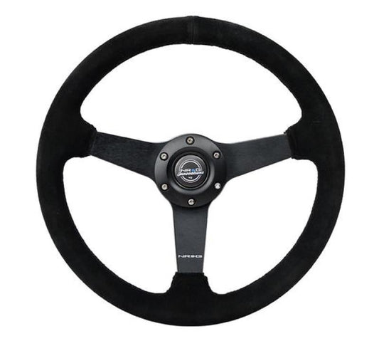 NRG Sport Steering Wheel (350mm / 1.5in Deep) Black Suede/Black Stitch w/Matte Black Solid Spokes - My Store