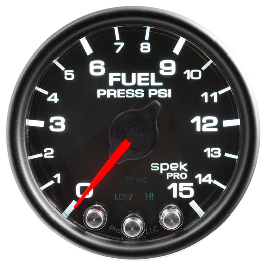 Autometer Spek-Pro Gauge Fuel Press 2 1/16in 15psi Stepper Motor W/Peak & Warn Blk/Blk - My Store